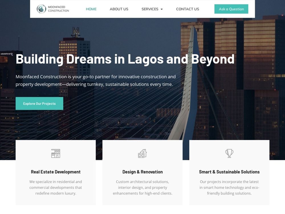 Screenshot of the Moonfaced Constructions website built by Galucy Niels Enterprises